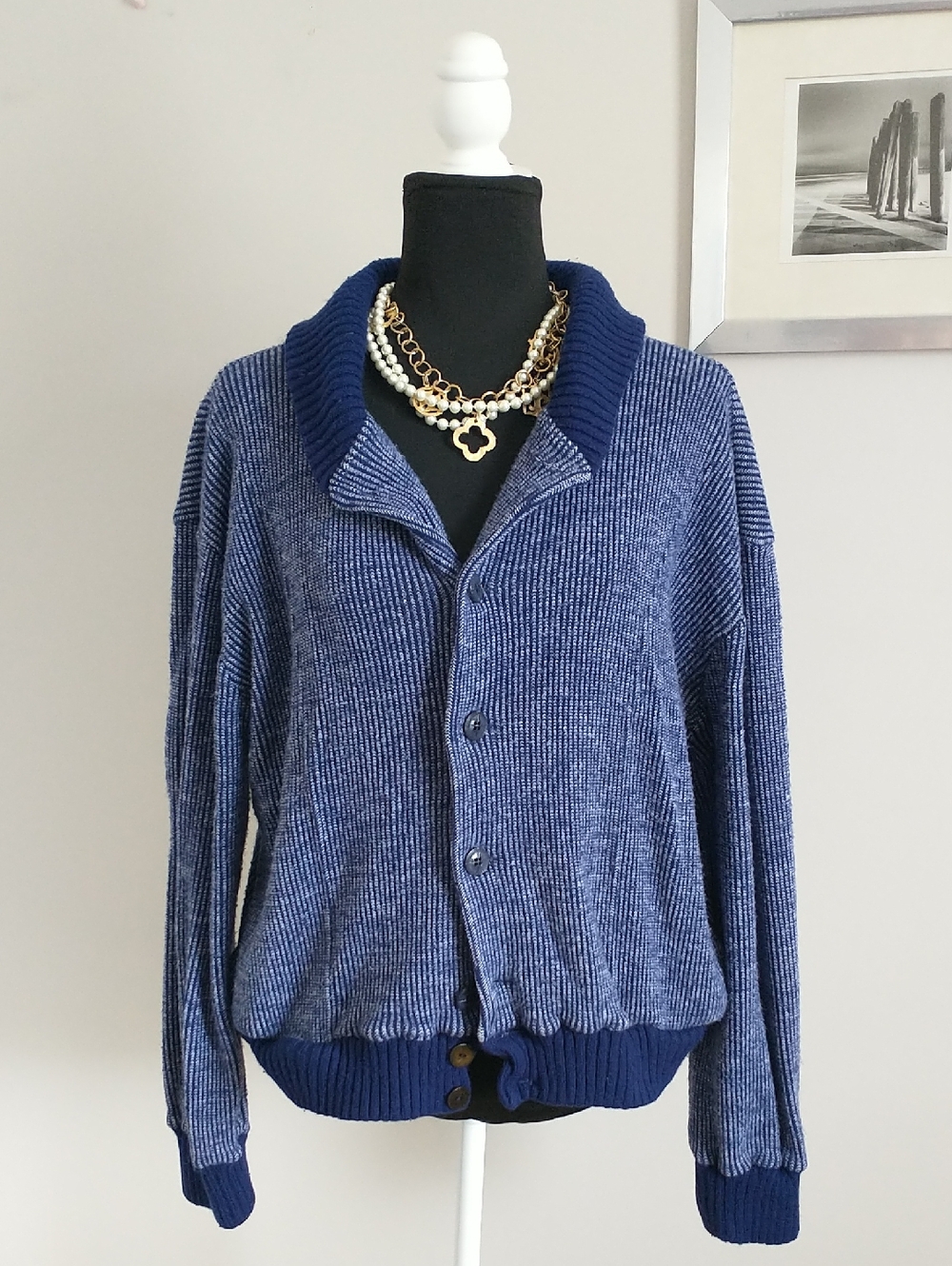 Weimann Strickmoden Blue and White Marled Ribbed Knit Cardigan. SIZE 48/50?